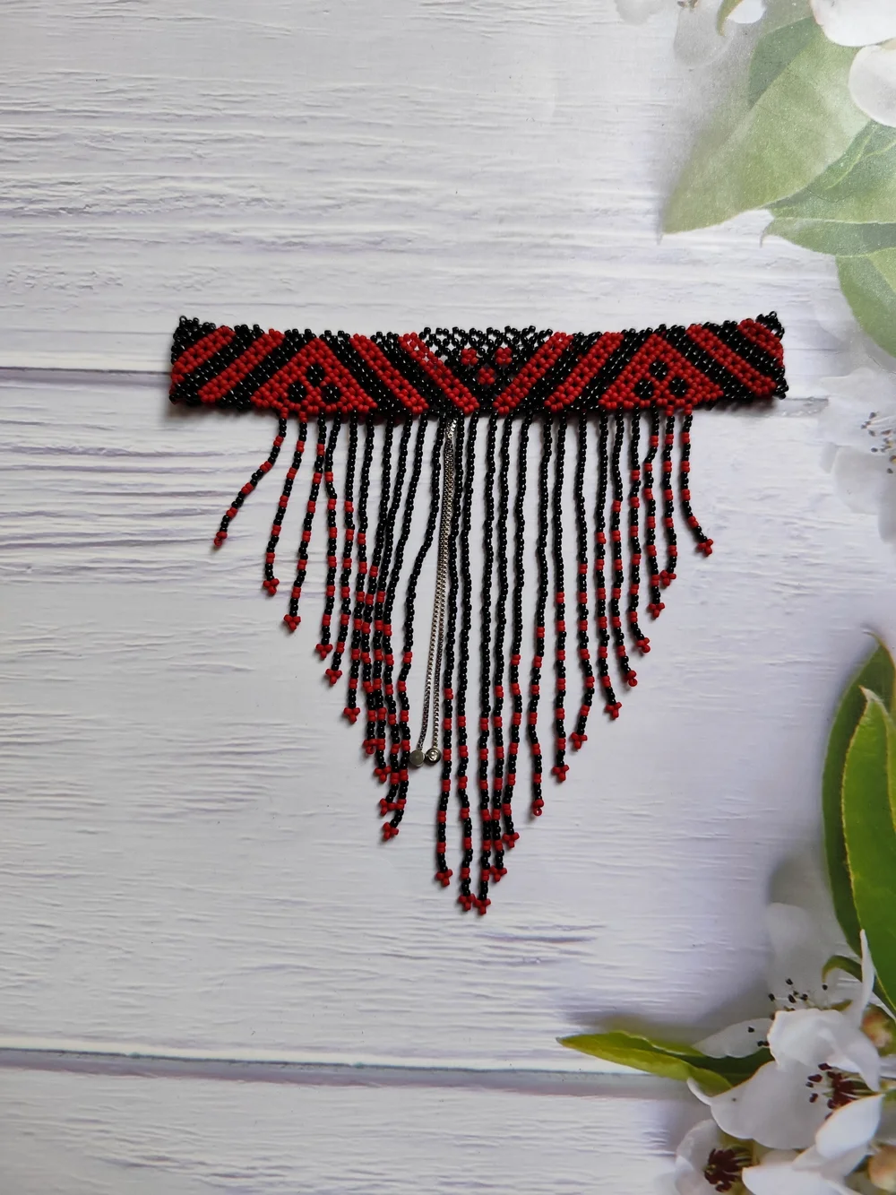 Red and Black Beaded Fringe Statement Necklace